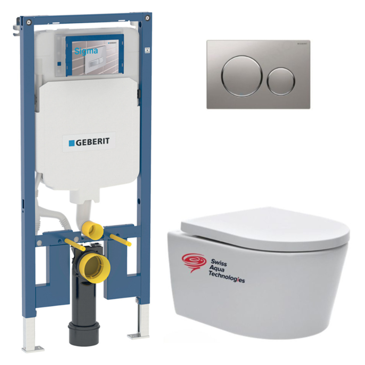 Pack WC Bati-support Geberit extra-plat + WC sans bride Swiss Aqua Technologies + abattant softclose + Plaque