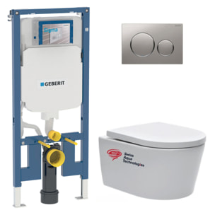 Pack WC Bati-support Geberit extra-plat + WC sans bride Swiss Aqua Technologies + abattant softclose + Plaque