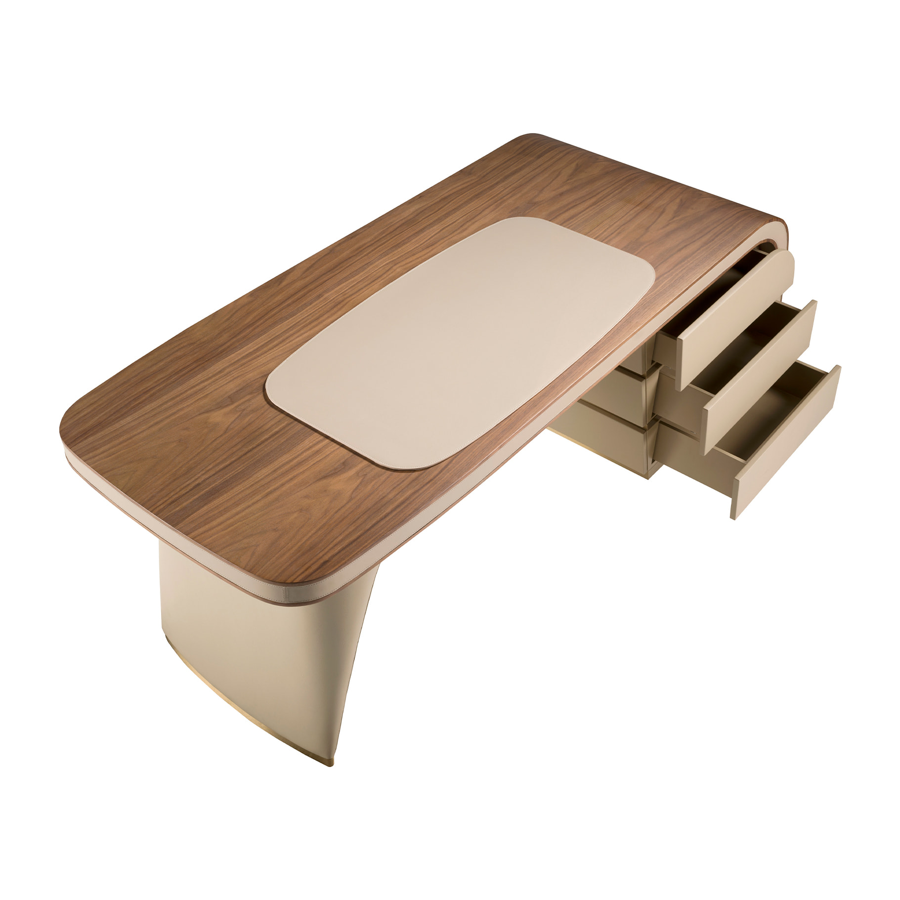 Escritorio de madera chapada en nogal natural con un tapizado en polipiel en crema 215x80x75cm