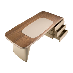 Escritorio de madera chapada en nogal natural con un tapizado en polipiel en crema 215x80x75cm