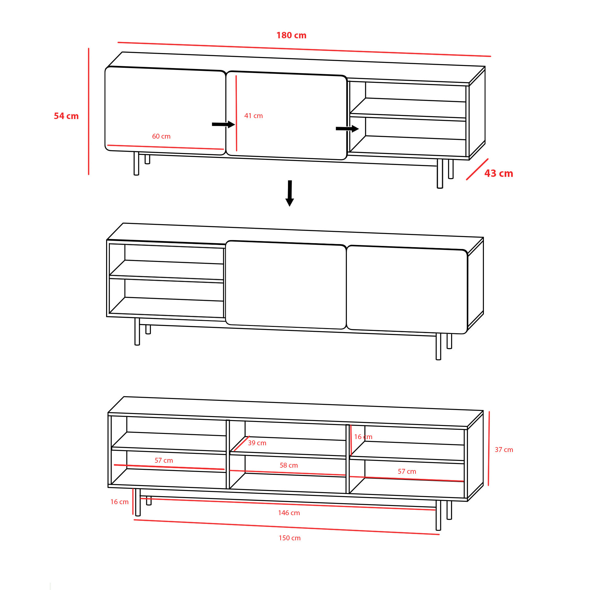 Bajo tv Biscuit roble-grafito-blanco 54x180x44 cm