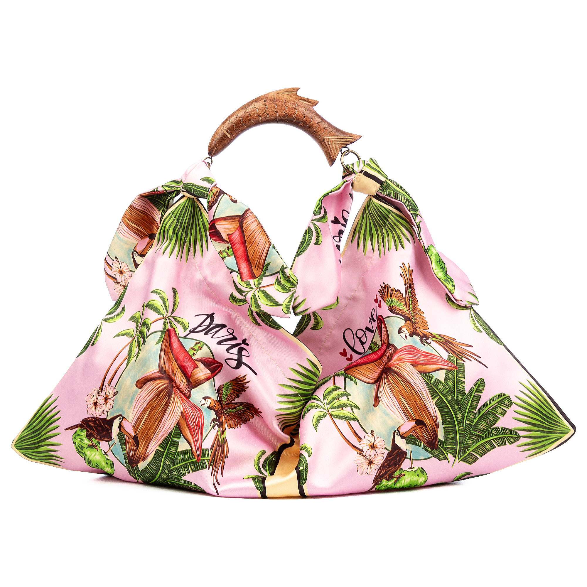 Bereguardo Bolso de hombro Mujer. Fabricado en tejido suave estampado con tintes naturales con asa de madera.