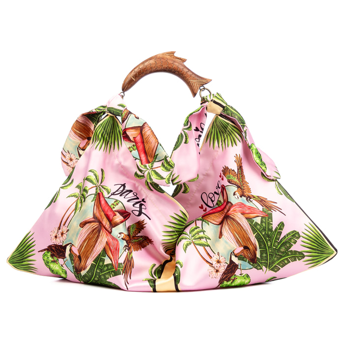 Bereguardo Bolso de hombro Mujer. Fabricado en tejido suave estampado con tintes naturales con asa de madera.