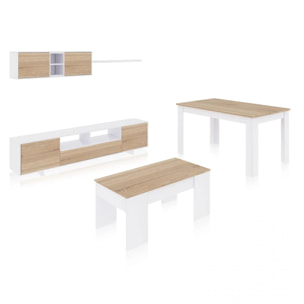 Pack salón con mesa de centro y mesa de comedor Kenzo Max V2B Blanco Brillo - Roble Canadian