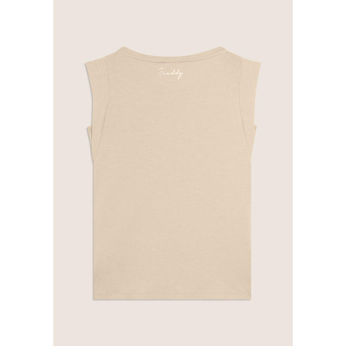 T-shirt con maniche in tessuto crinkle e scritta gioiello