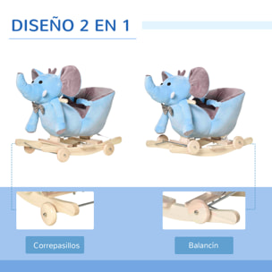 Caballito Balancín con Ruedas Forma de Elefante Caballo Balancín para Bebés de +18 Meses con Músicas Infantiles y Cinturón de Seguridad Carga 60 kg 60x35x45 cm Azul