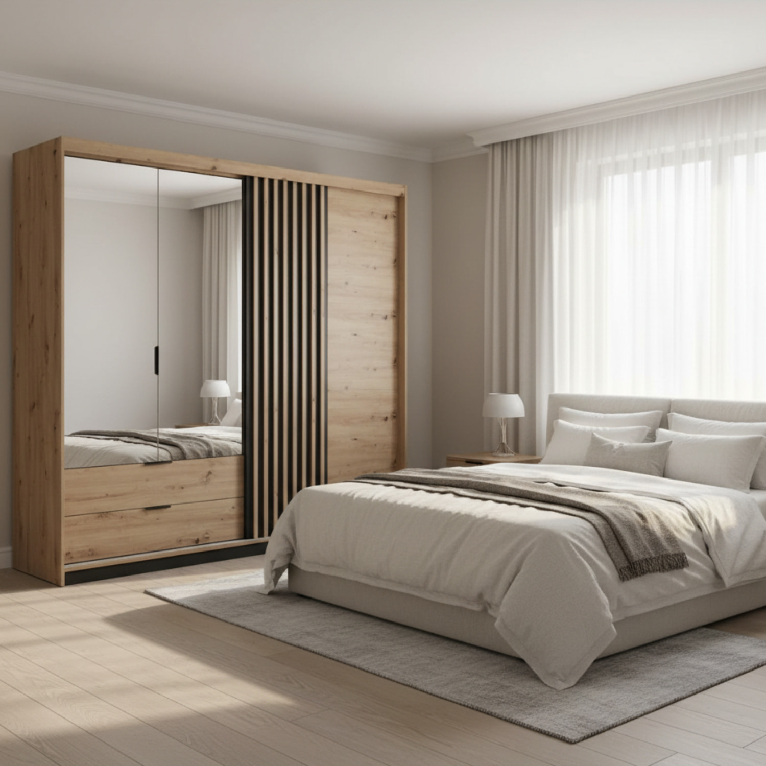 Armadio Guardaroba Moderno Con 2 Ante Battenti Specchio Anta Scorrevole 2 Cassetti Design Moderno 220 x 210 x 60 cm Rovere E Grigio Antracite