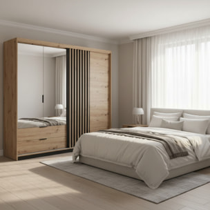 Armadio Guardaroba Moderno Con 2 Ante Battenti Specchio Anta Scorrevole 2 Cassetti Design Moderno 220 x 210 x 60 cm Rovere E Grigio Antracite