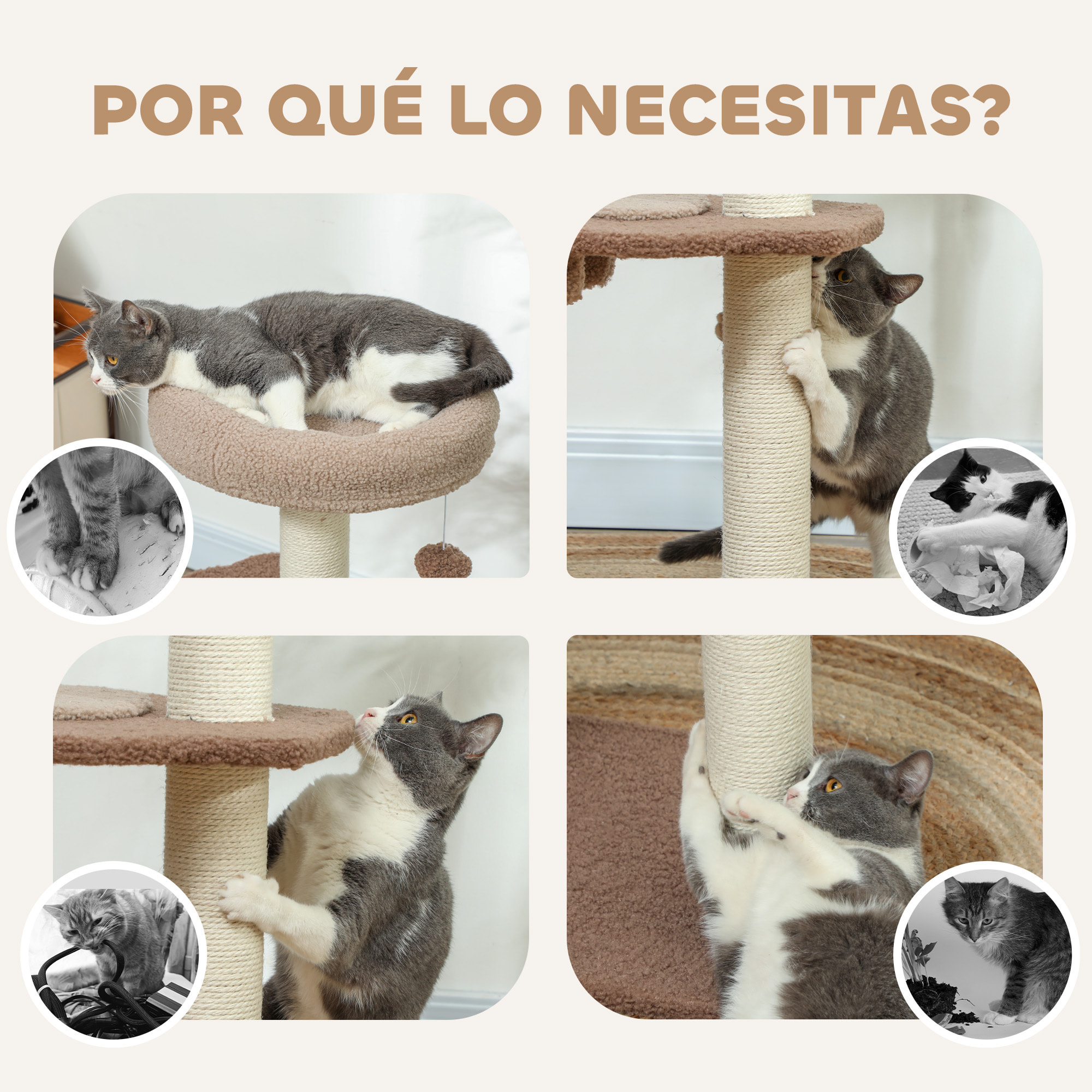 Árbol Rascador para Gatos Altura 88 cm Árbol para Gatos Torre para Gatos con Nido Plataformas Bola Colgante Escalera y Poste de Sisal Café