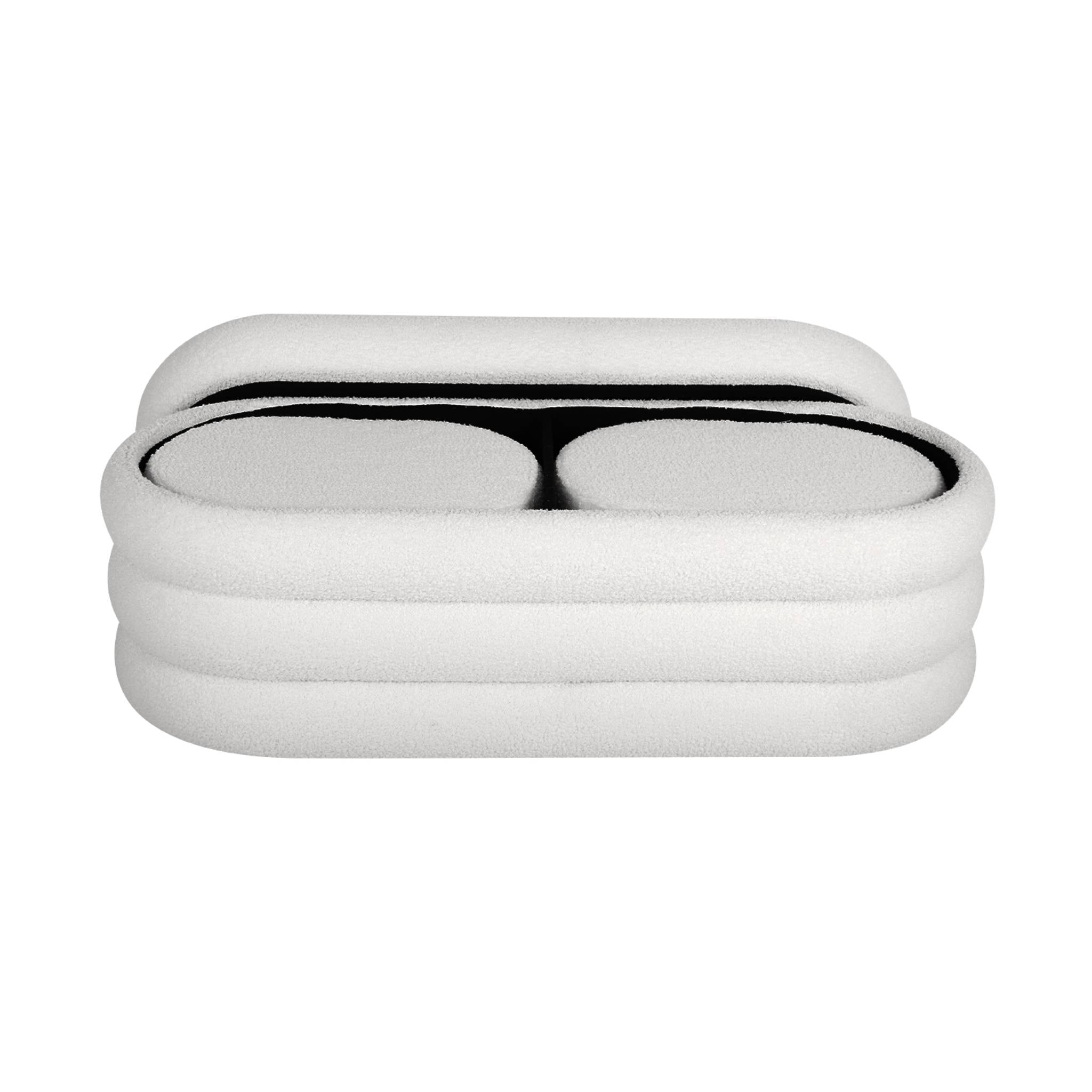 Banc coffre en bouclettes blanches avec 2 poufs ovales de rangement intégrés - L111cm