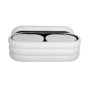 Banc coffre en bouclettes blanches avec 2 poufs ovales de rangement intégrés - L111cm
