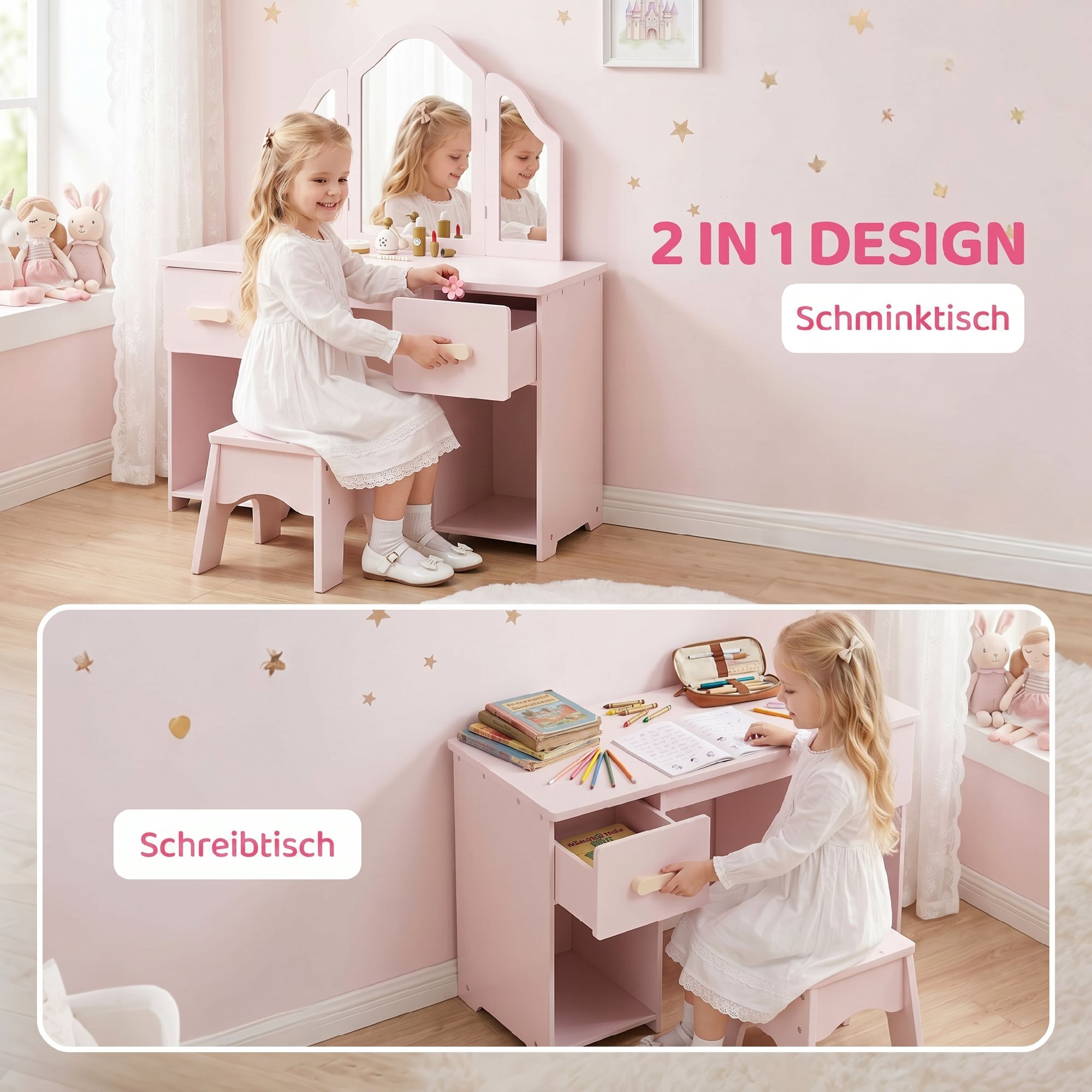 Tocador para Niñas, Tocador de Maquillaje Niñas, 2 en 1, Escritorio, con Taburete, 3 Espejos Desmontables, 2 Cajones, 2 Armarios, 6 Accesorios, a Partir de 3 Años, Rosa