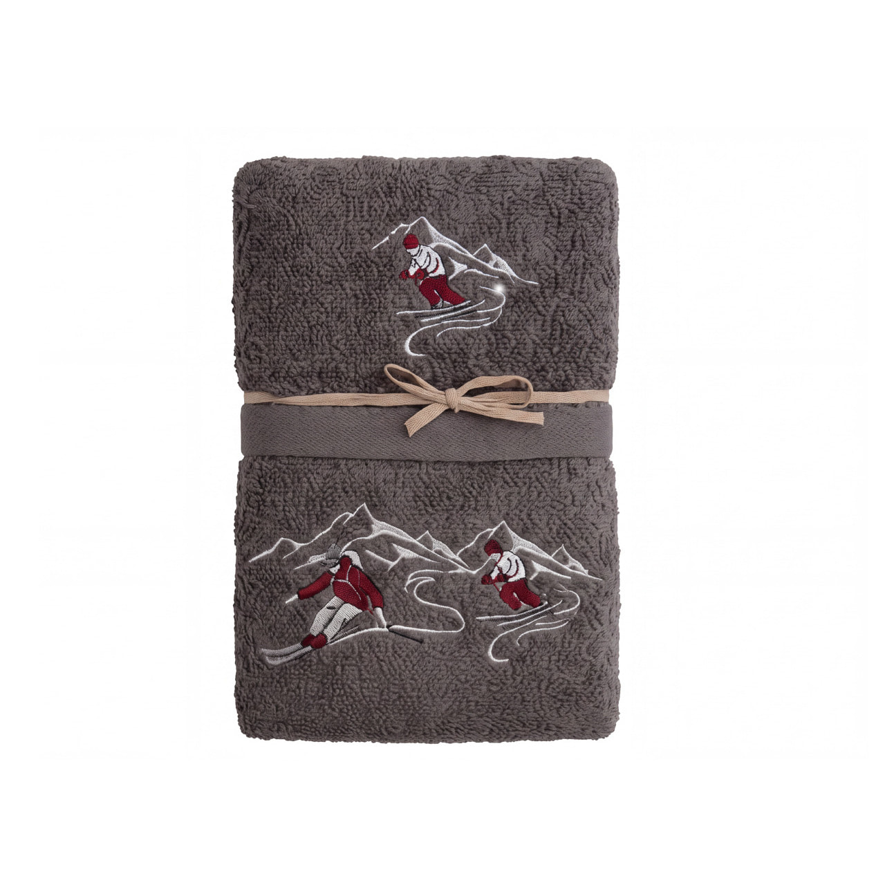 Set Asciugamano Ospite in Spugna 100% Cotone Fantasia Tirolese Natalizia Disegno Ski Grigio Scuro