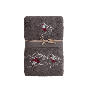 Set Asciugamano Ospite in Spugna 100% Cotone Fantasia Tirolese Natalizia Disegno Ski Grigio Scuro