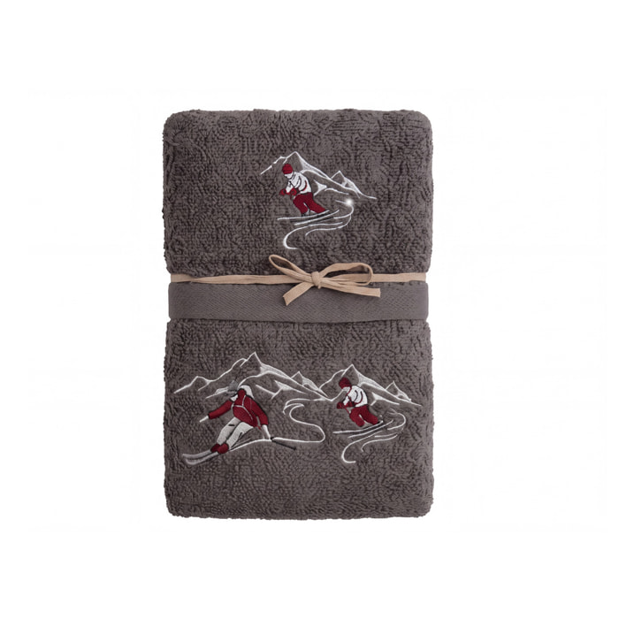 Set Asciugamano Ospite in Spugna 100% Cotone Fantasia Tirolese Natalizia Disegno Ski Grigio Scuro