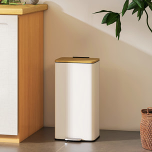 Cubo de Basura Cocina con Pedal, 20L, Tapa de Bambú de Cierre Suave, Papelera de Cocina con Cubo Interior Extraíble, Anti-Huellas, para Dormitorio, Salón, 29,5x29,5x56,8 cm, Blanco y Natural