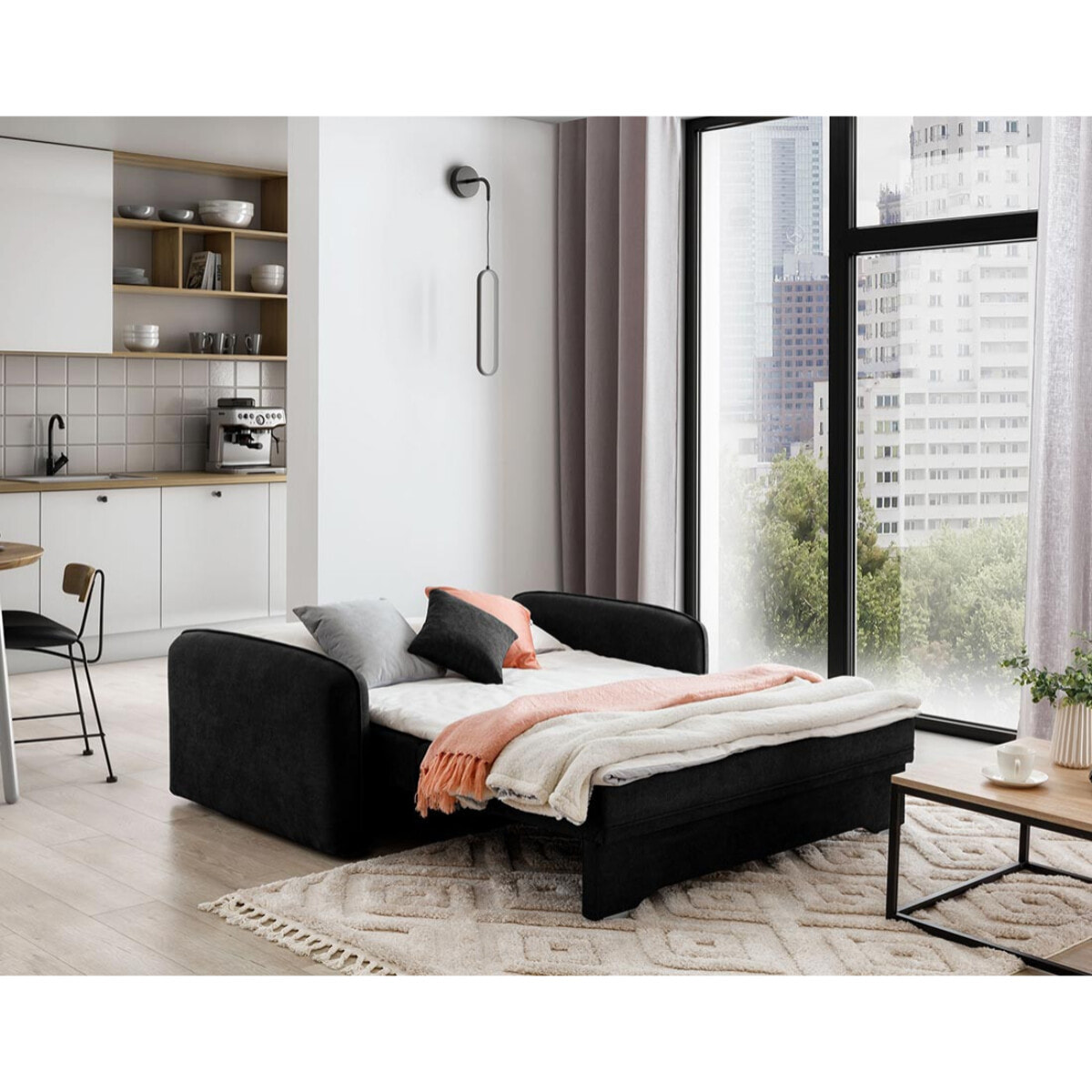 Michelle - canapé droit 3 places convertible avec coffre en velours - Noir