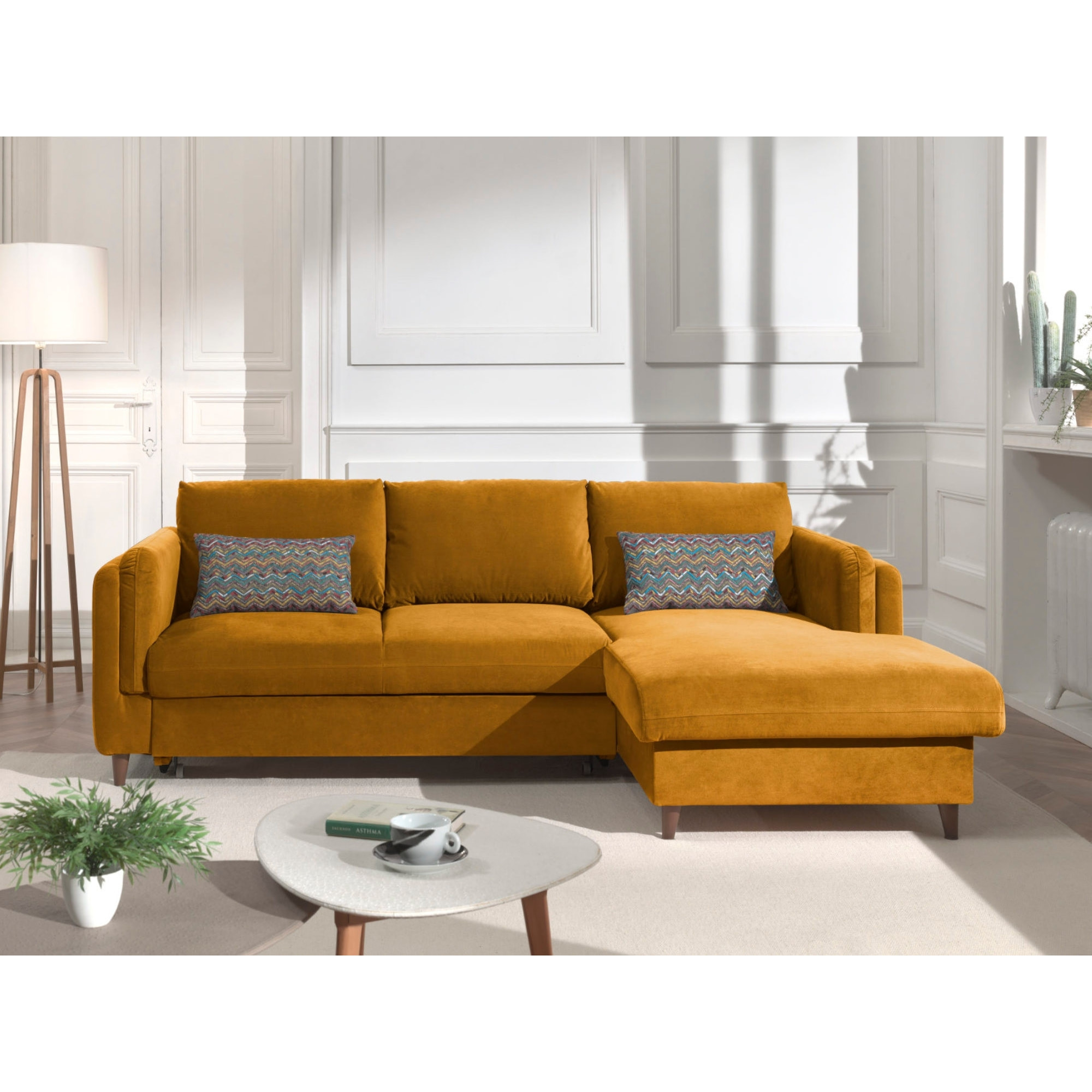 Brooke - canapé d'angle droit - convertible avec coffre - 4 places - en velours - Jaune