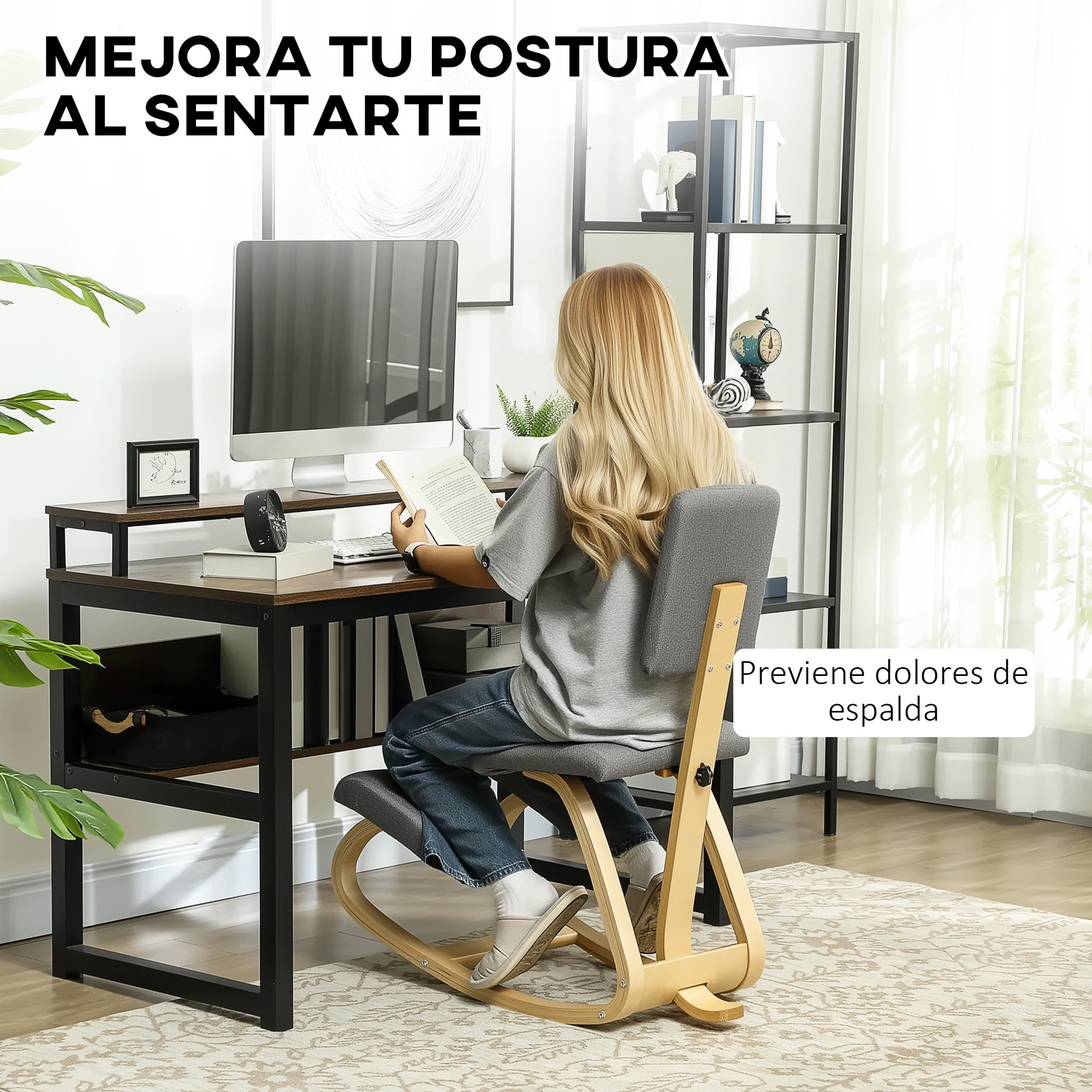 Silla Ergonómica de Rodillas con Respaldo, Silla de Rodillas, Cojines Acolchados, Marco de Madera, para una Mejor Postura, Oficina, Gris