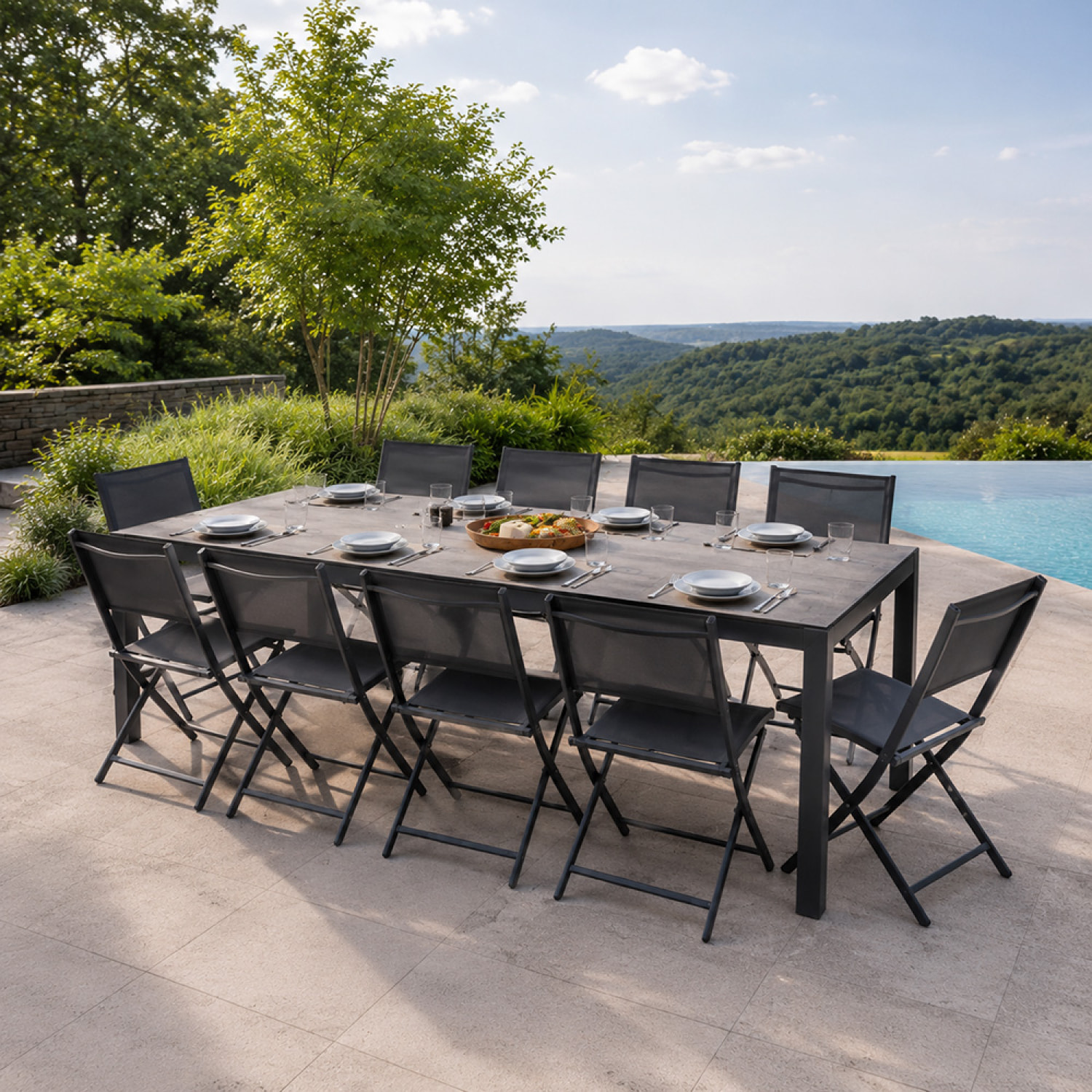 Ensemble table de jardin 200 cm en aluminium et 10 chaises pliantes NAIROBI