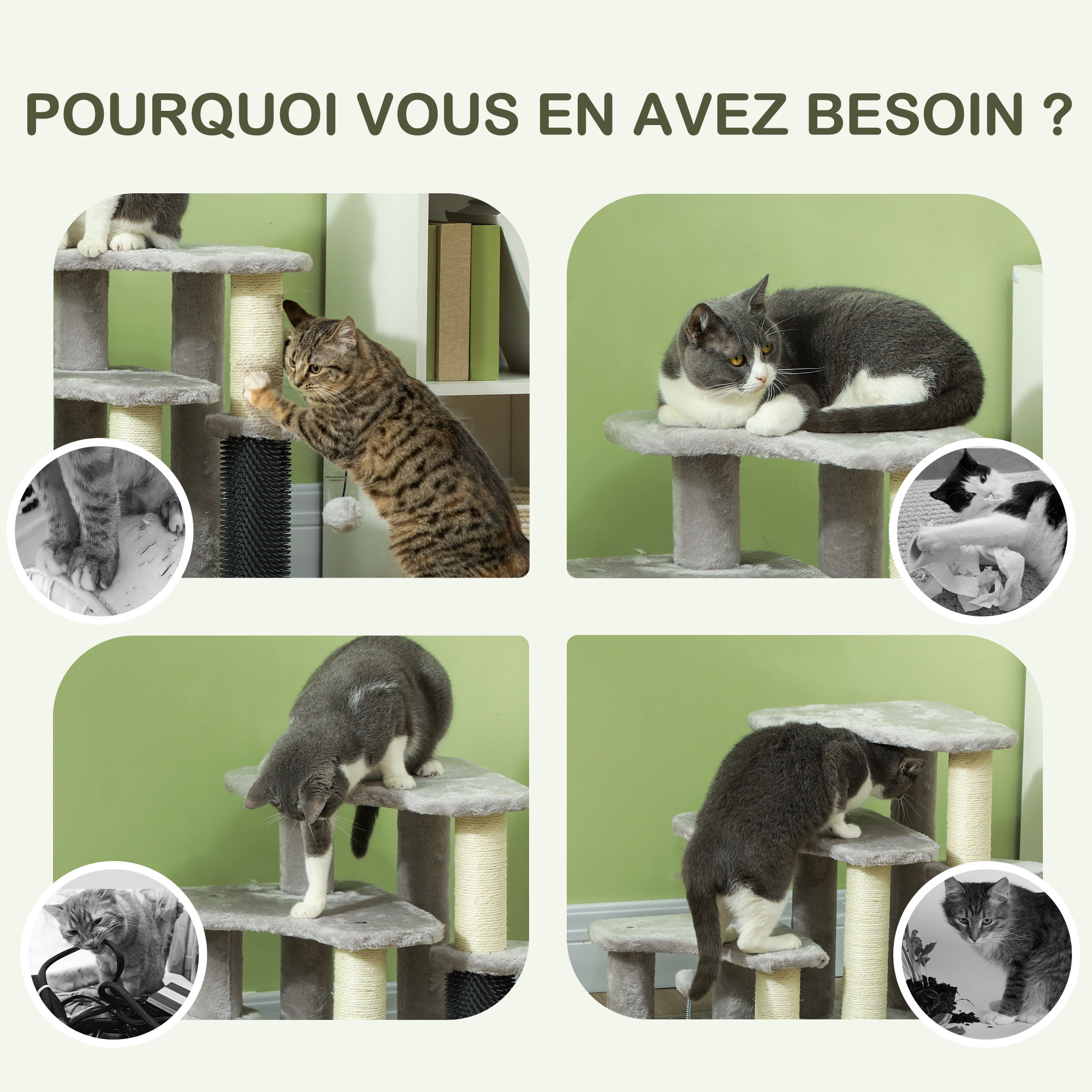 Arbre à chat 3 marches 3 griffoirs bande massante 2 jeux boules peluche gris clair