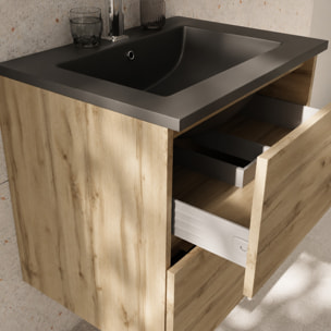Pack Meuble Salle de Bains 50cm Chêne Naturel 2 Tiroirs avec Vasque Céramique Noire - TIMBER