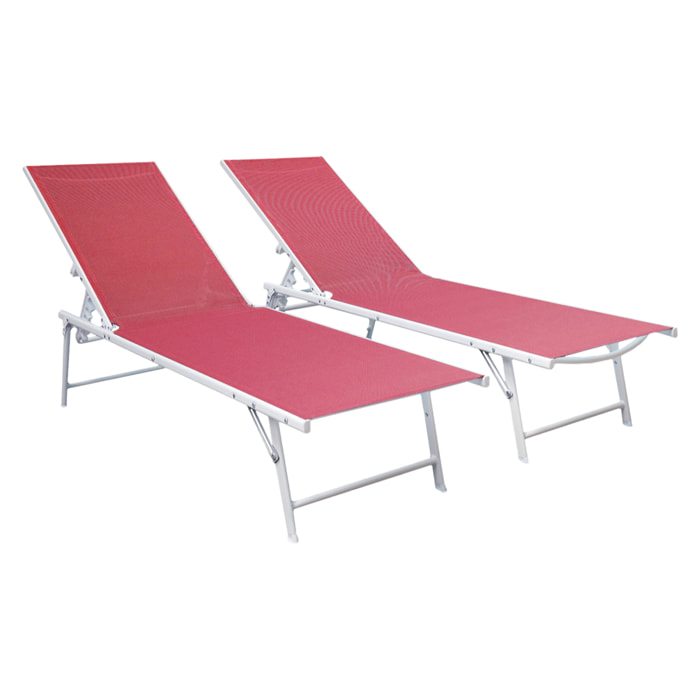 Lot de 2 bains de soleil pliants SICILIA en textilène rose - structure blanche