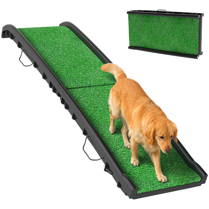 Rampa para Perros con Césped Artificial, 155 cm, Rampa para Perros para Coche Plegable con Asa, Ángulo Ajustable, Antideslizante, para Todas las Razas, para Cama, Sofá, Verde