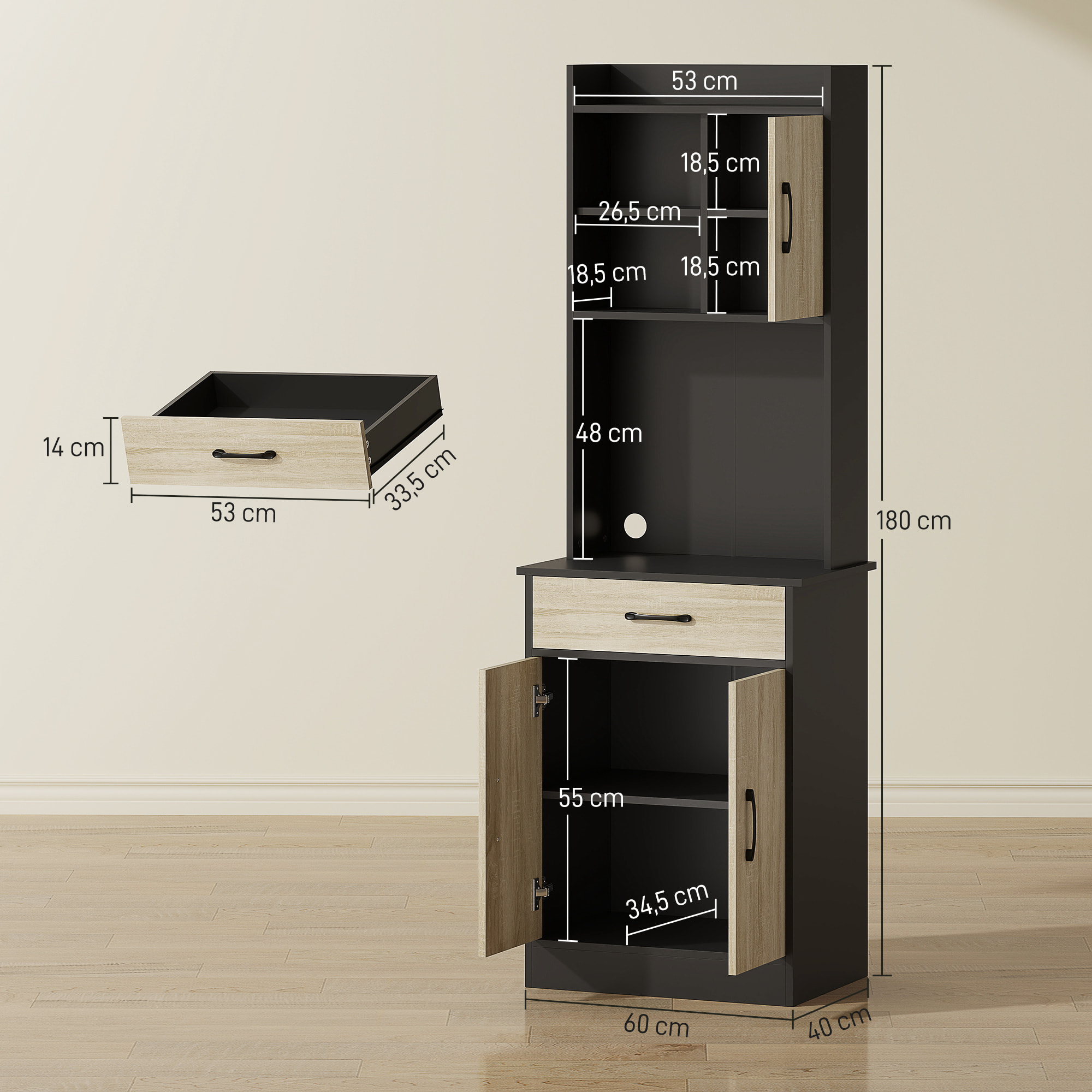Buffet haut cuisine - 3 portes, 3 étagères, 2 niches plan de travail - dim. 60 x 40 x 180 cm - noir effet bois clair