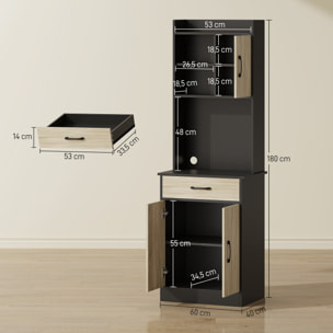 Buffet haut cuisine - 3 portes, 3 étagères, 2 niches plan de travail - dim. 60 x 40 x 180 cm - noir effet bois clair