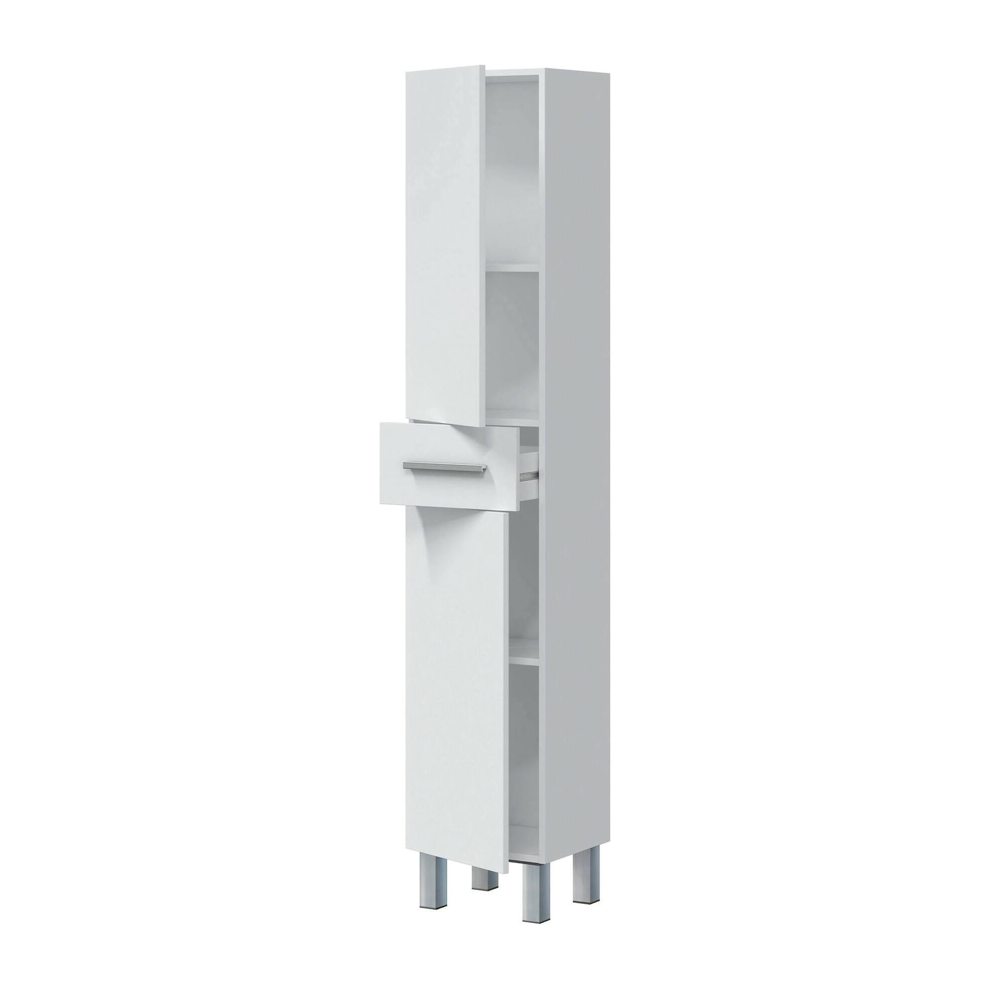 Mobile colonna Alka, Pensile bagno con 2 ante e 1 cassetto, Armadio alto, 35x31h182 cm, Bianco lucido