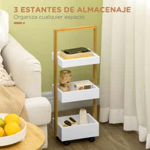 Carrito de Almacenamiento de Bambú Carrito Auxiliar con Ruedas Carrito de Cocina con 3 Cestas y Asa para Salón Baño 28x18x75 cm Blanco y Natural