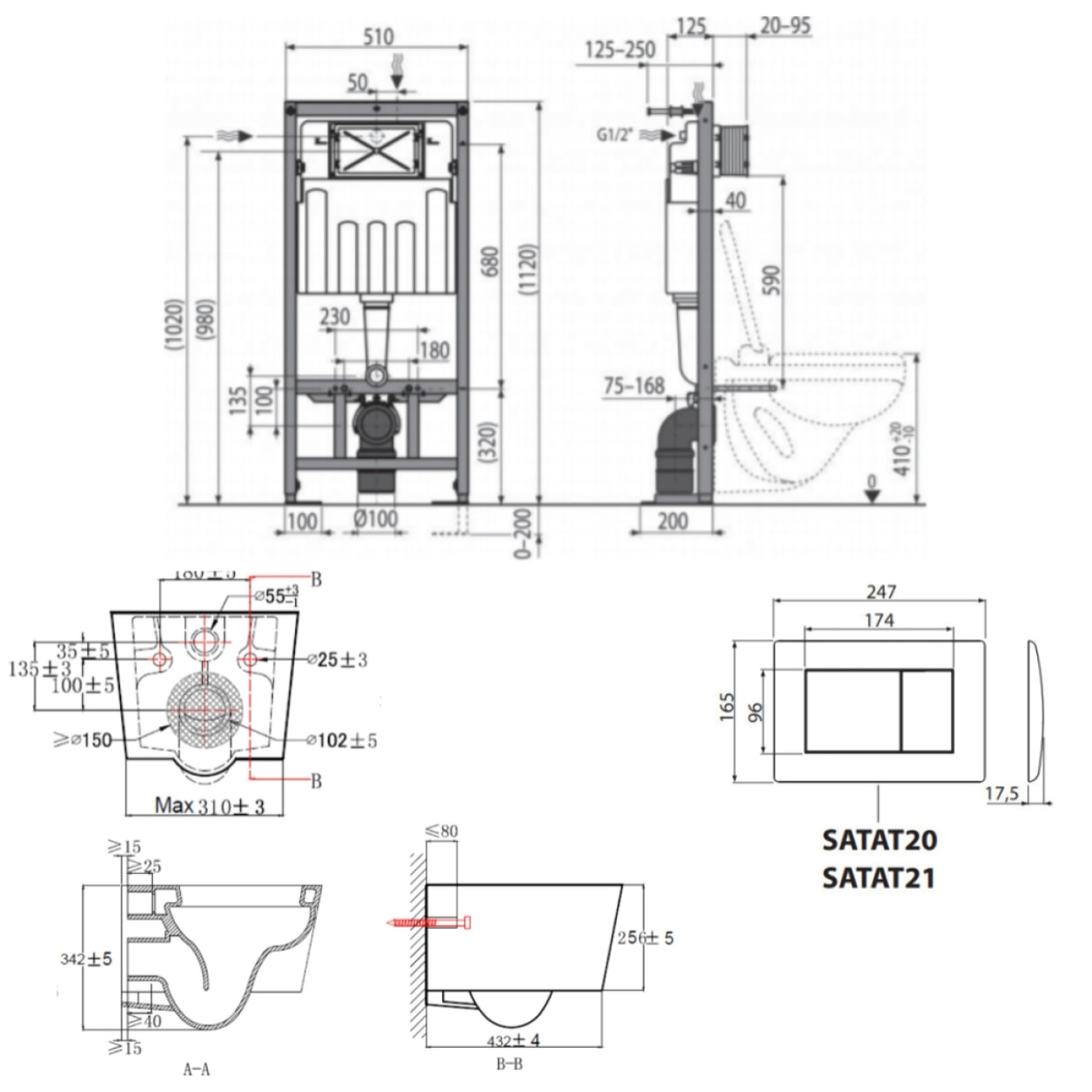 Pack WC bâti-autoportant + WC SAT sans bride fixations invisibles + Abattant softclose + Plaque blanche (SMART-SATrimless-M270)