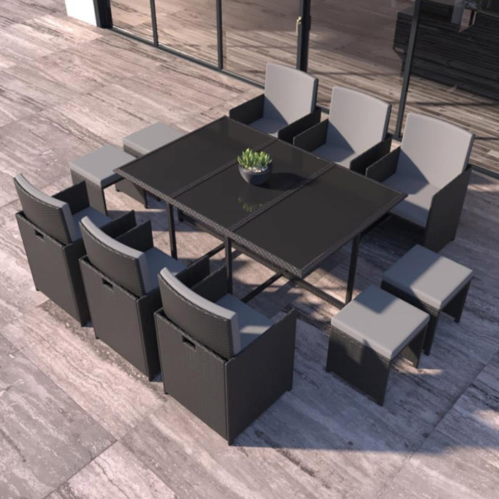 Table et chaises 10 places en résine tressée noir et gris LOUISIANE