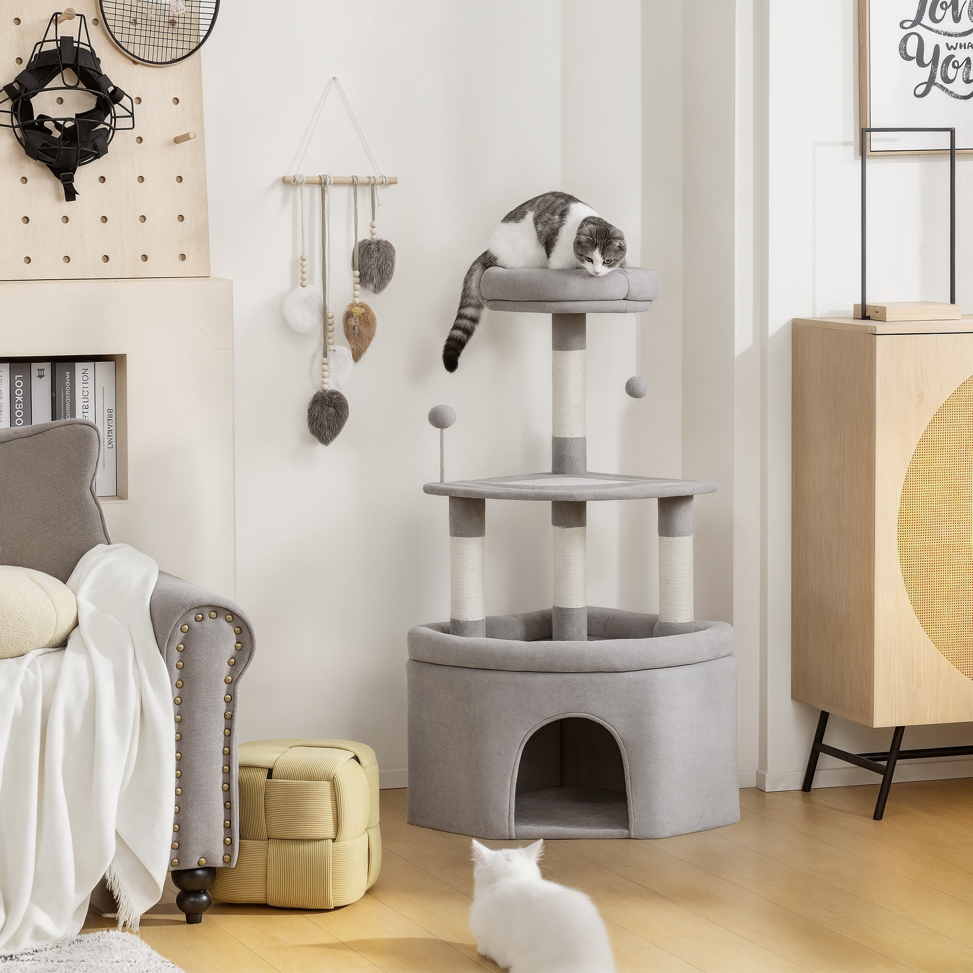 Arbre à chat d'angle H.114cm griffoirs grattoir grande niche plateformes gris