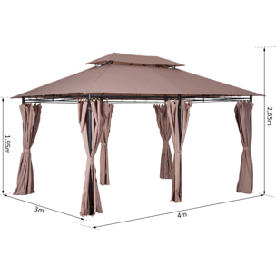 Tonnelle barnum pavillon de jardin style colonial double toit toiles latérales amovibles 3L x 4l x 2,65H m chocolat