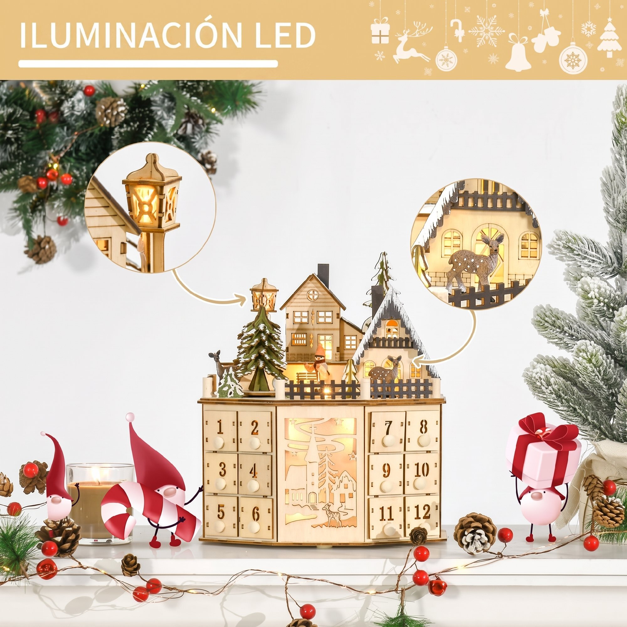 HOMCOM Calendario de Adviento para Rellenar de Madera, con Luces LED y 24 Cajones, Calendario de Adviento de Navidad Reutilizable con Escena de Pueblo, Decoración Navideña, 25x20x29 cm, Natural