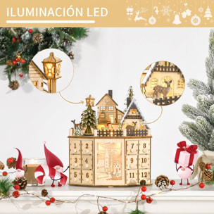 HOMCOM Calendario de Adviento para Rellenar de Madera, con Luces LED y 24 Cajones, Calendario de Adviento de Navidad Reutilizable con Escena de Pueblo, Decoración Navideña, 25x20x29 cm, Natural