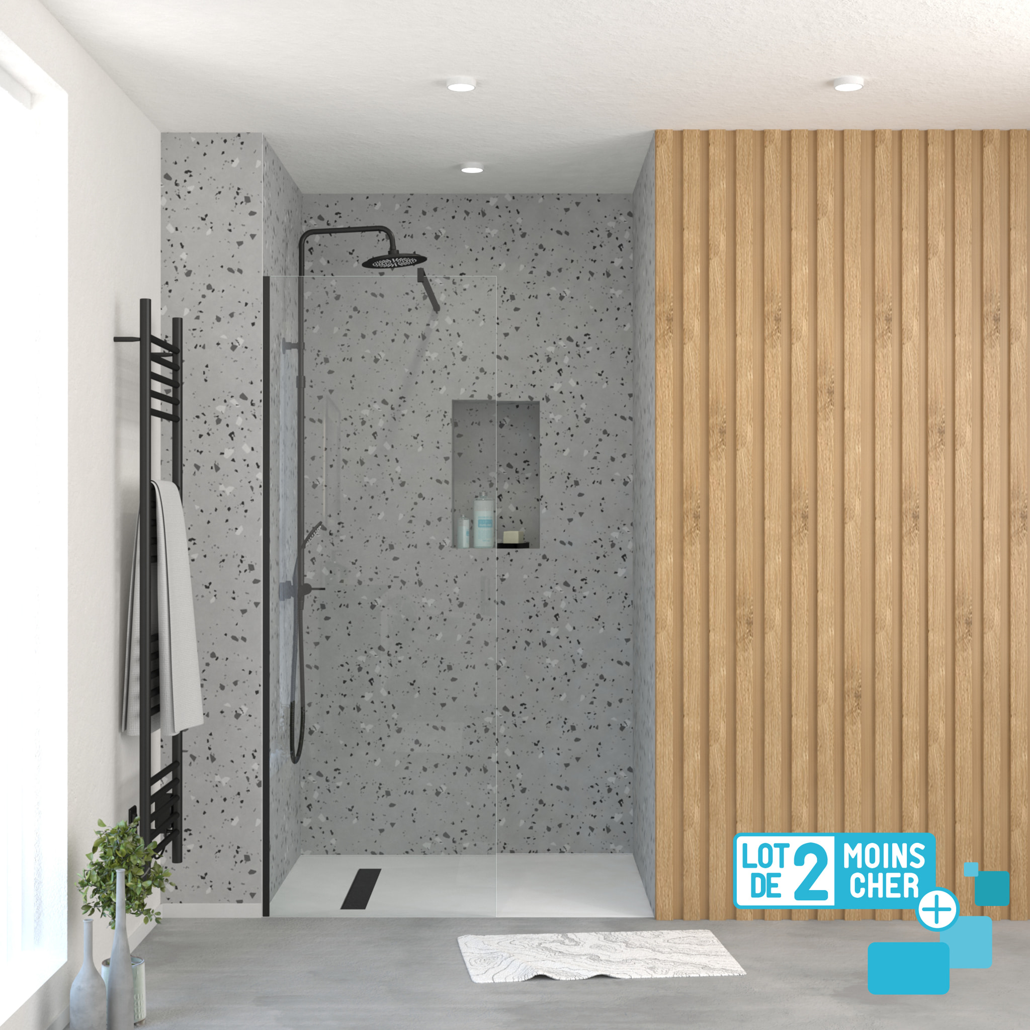 LOT de 2 Parois de Douche 70x195 cm en Verre Trempé 5 mm - Profilés et Bras Noirs