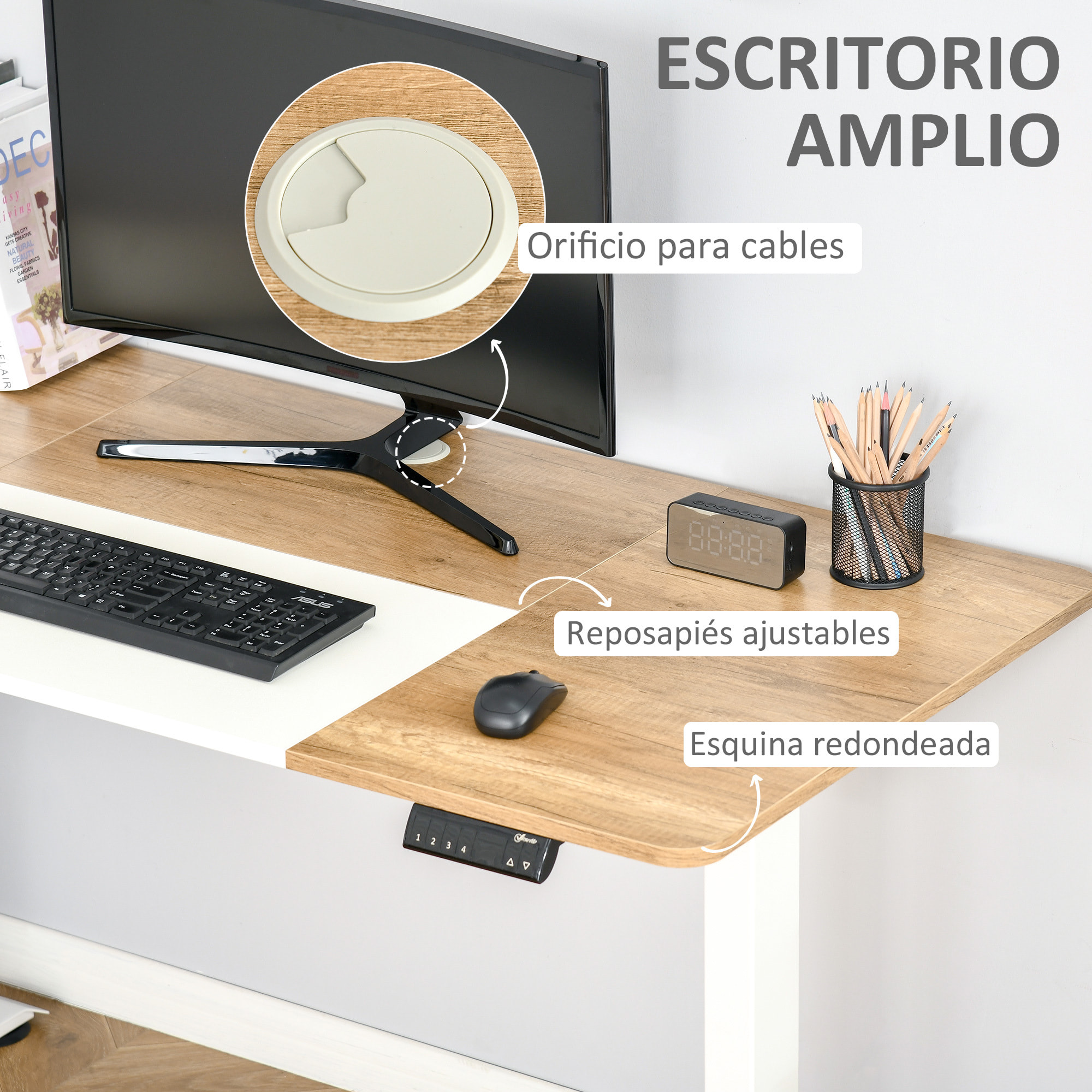 Escritorio de Pie Soporte de Escritorio con Altura Ajustable y 4 Teclas de Memoria para Oficina Hogar 140x70x72-116 cm Blanco y Natural