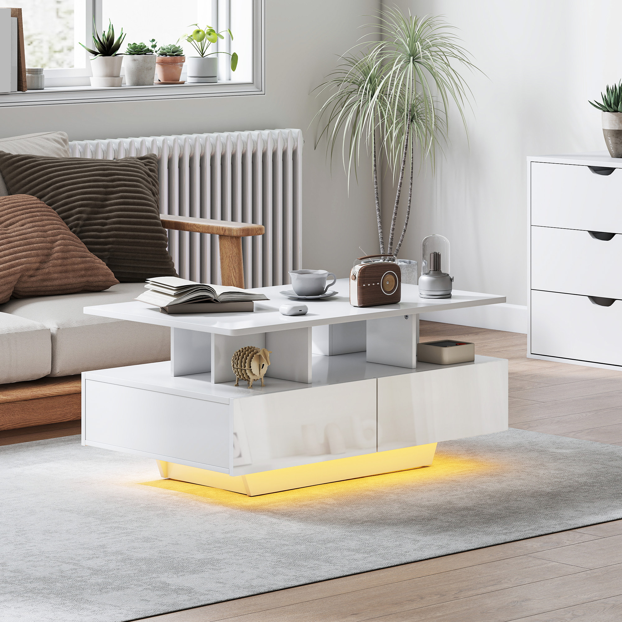 Mesa de Centro LED Moderna Mesa de Café Brillante con 4 Cajones Estante Abierto y Luces LED de 16 Colores para Salón 90x55x41 cm Blanco Brillo