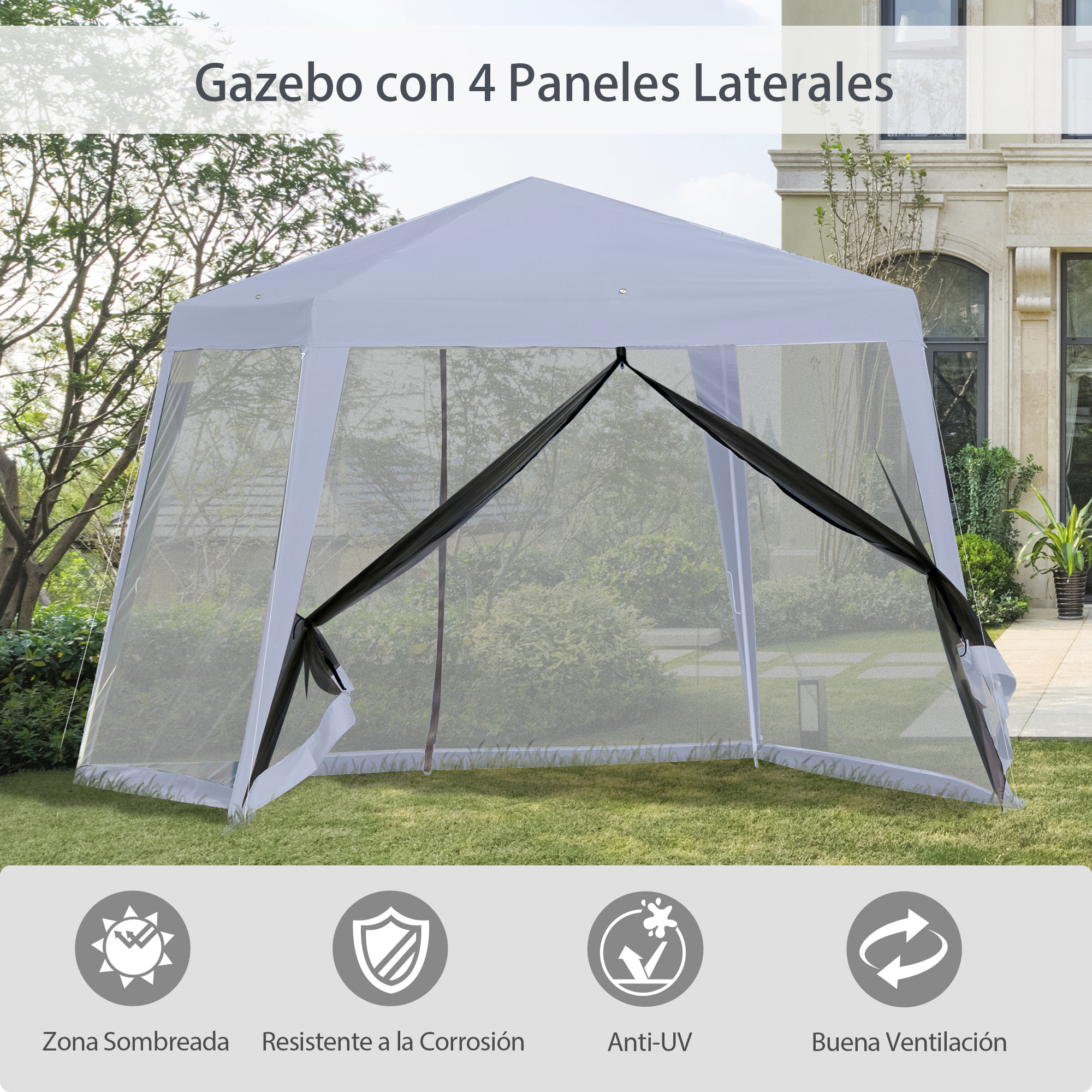 Carpa de Jardín 3x3 m con 4 Paredes Laterales Mosquitera con Cremallera Gris