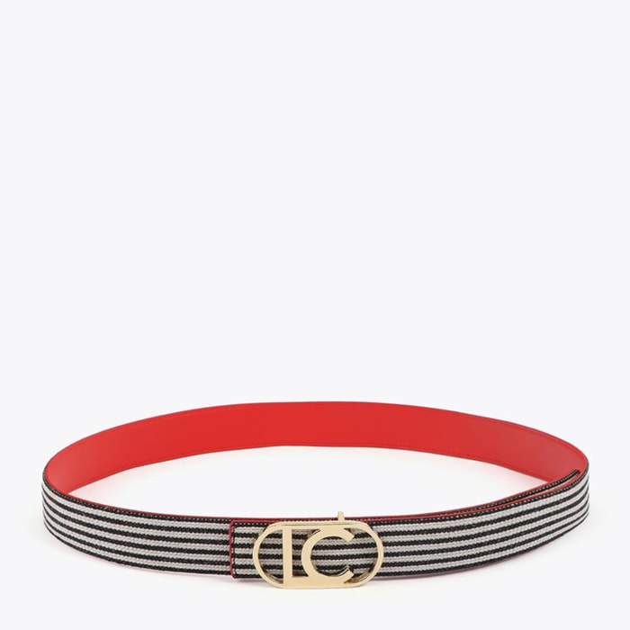 Cintura reversibile in tela color corallo e a righe con fibbia ovale con logo LC