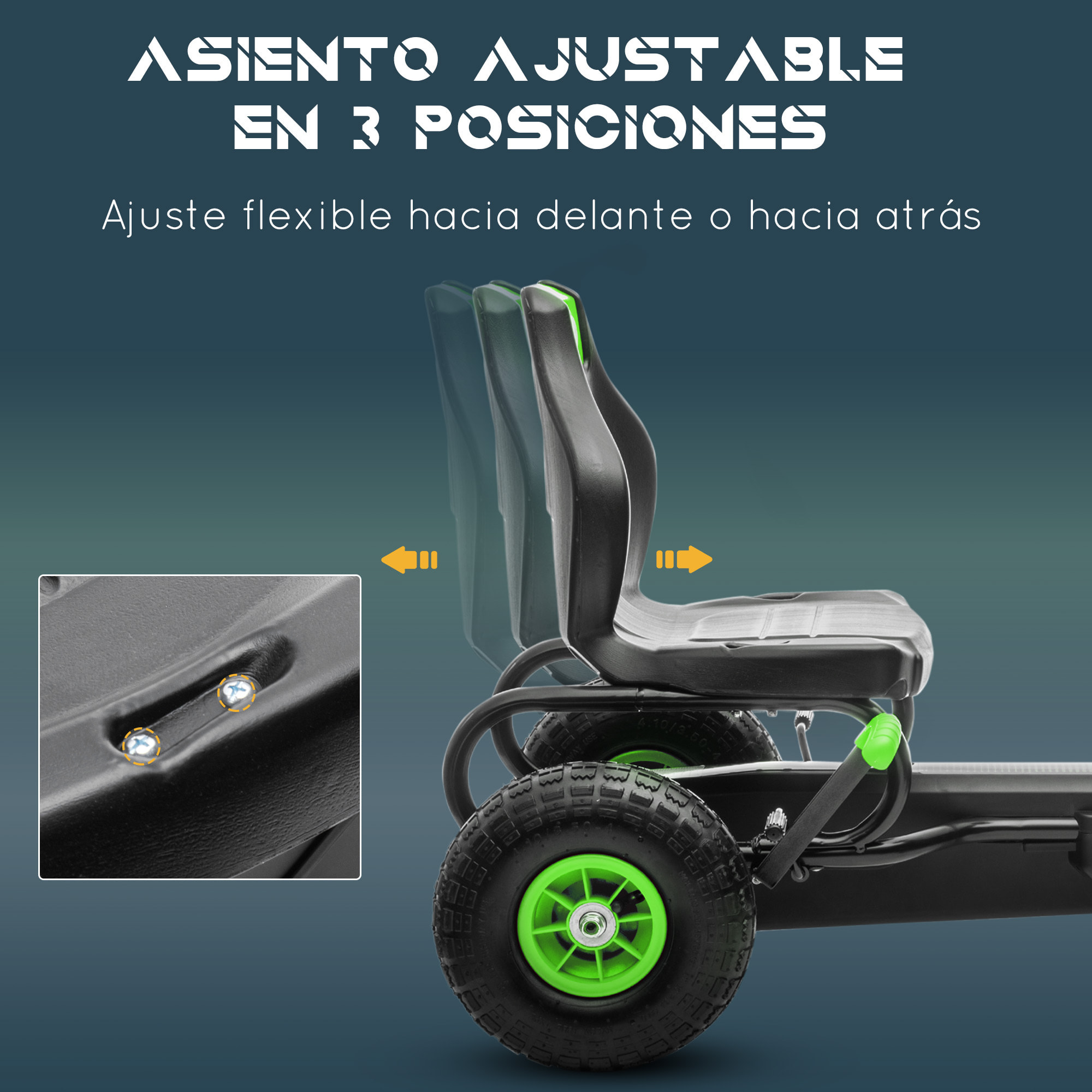 Kart Pedales Coche de Pedales para Niños de 5-12 Años con Asiento Ajustable Neumáticos Inflables Amortiguador y Freno de Mano Carga 50 kg Negro y Verde