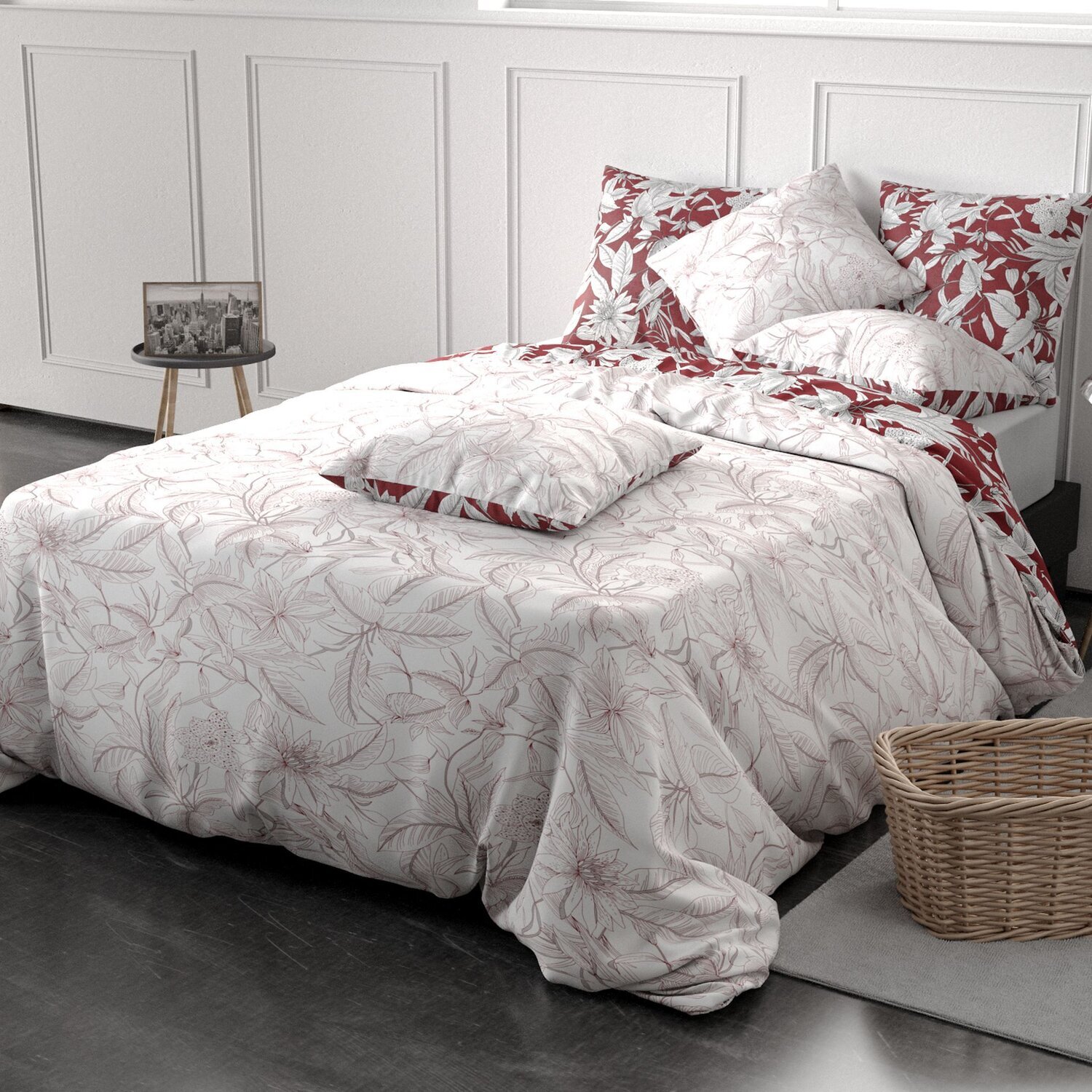 Parure housse de couette imprimé 100% coton - bonheur - rouge