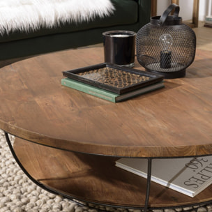 SIXTINE - Table basse coque ronde 120x120cm double plateau Teck recyclé métal noir