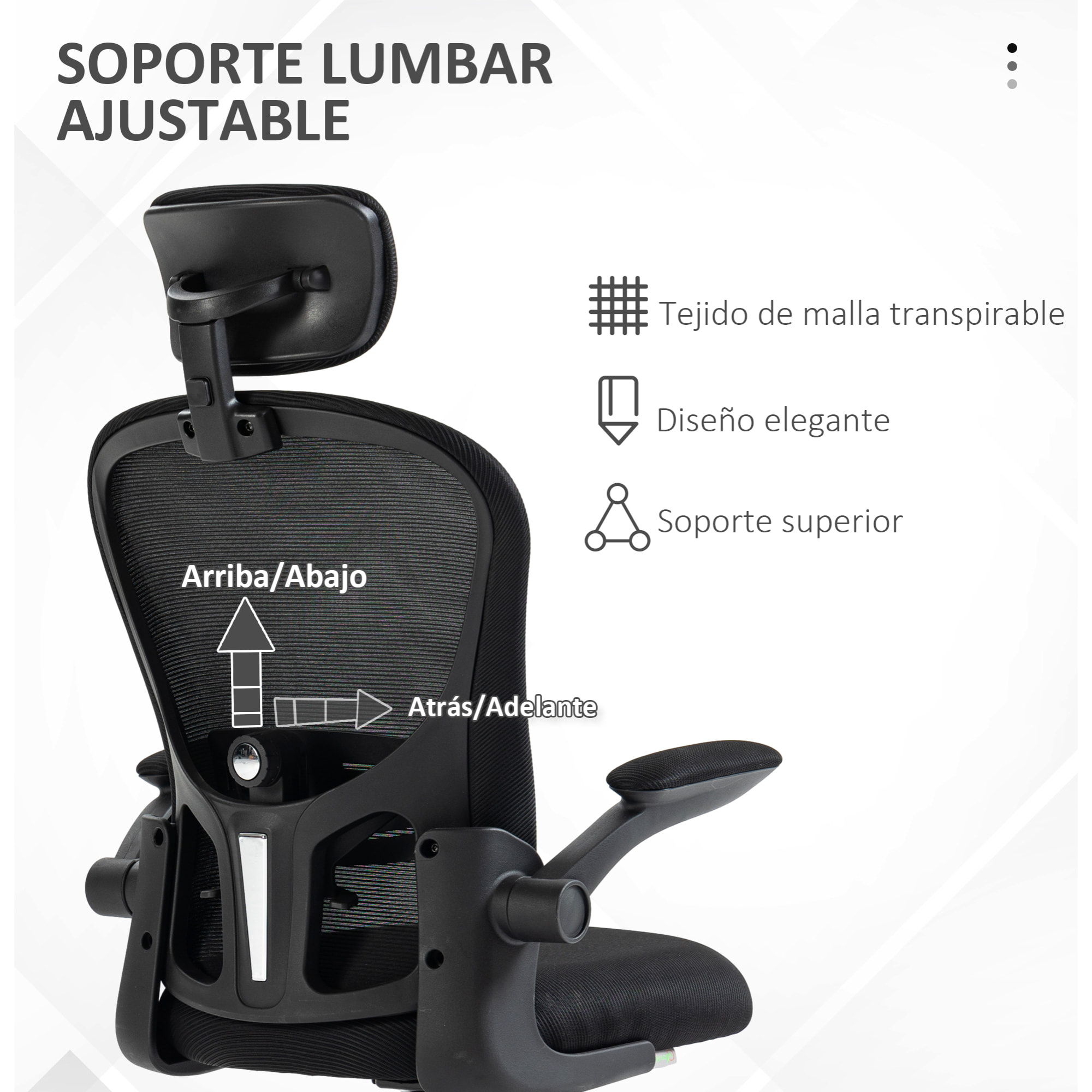 Silla de Malla Basculante Silla de Oficina Giratoria Silla de Escritorio con Respaldo Alto Reposacabezas Ajustable Soporte Lumbar 4D Brazo Abatible Altura Ajustable 62x64x112-120 cm Negro