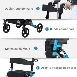 Andador para Ancianos Plegable de Aluminio Andador para Personas Mayores con Asiento y 4 Ruedas Andador con Altura Ajustable Frenos de Maneta y Bolsa de Transporte Azul y Negro