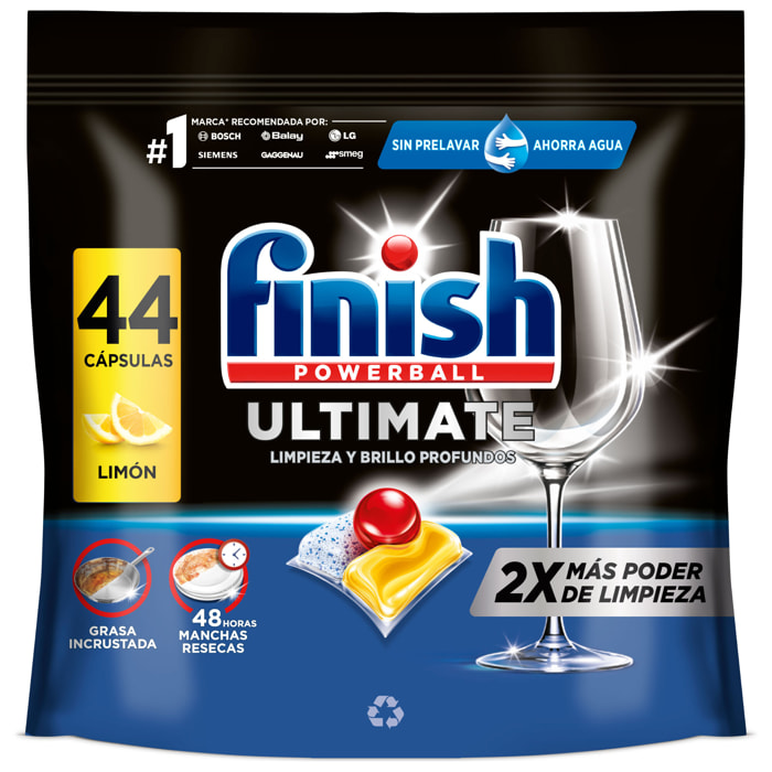 Finish Powerball Ultimate All in 1 pastillas lavavajillas Limón | 44 cápsulas lavavajillas | Eficaz contra manchas resecas | Aroma Limón