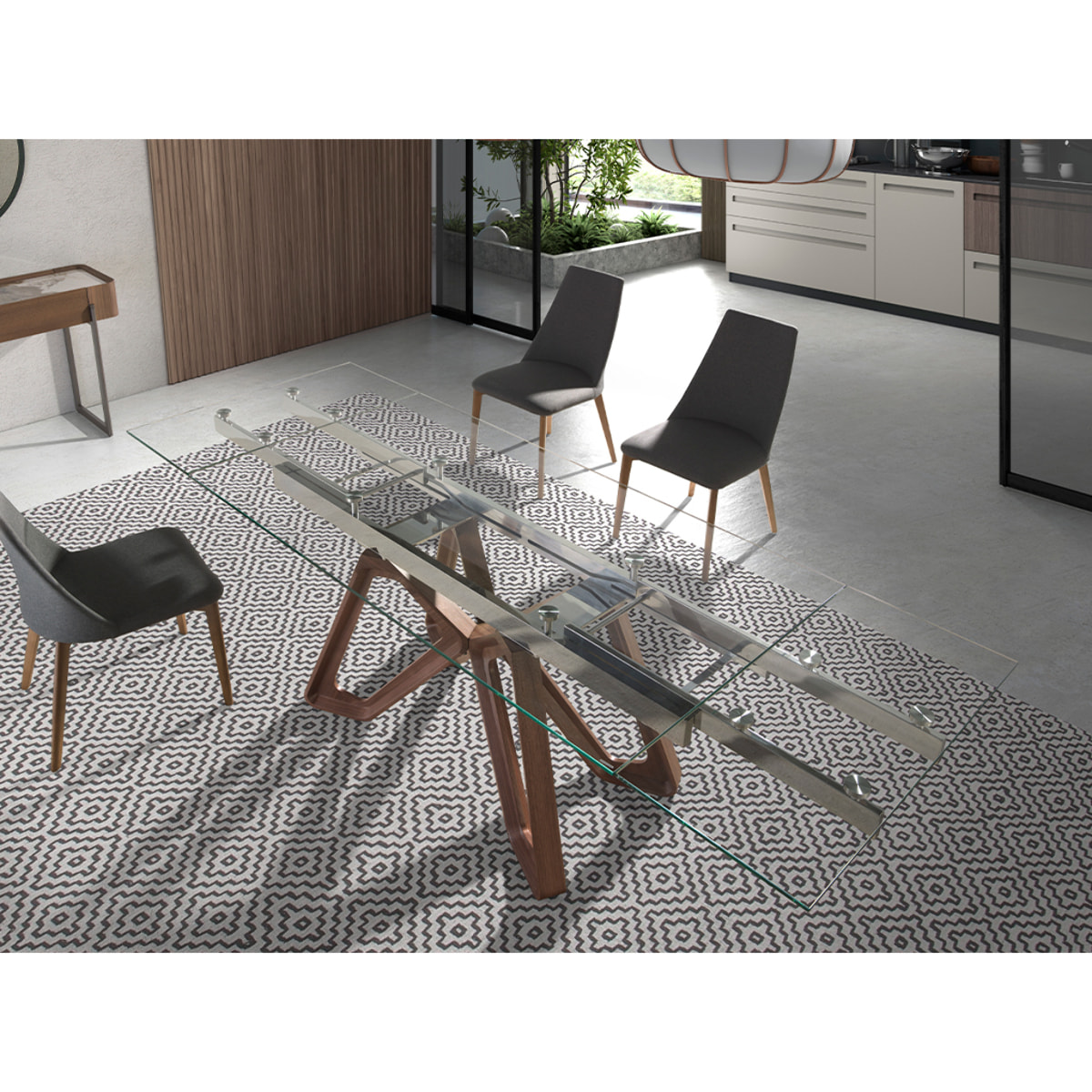 Mesa comedor extensible rectangular con tapa de cristal templado 160x90x76cm